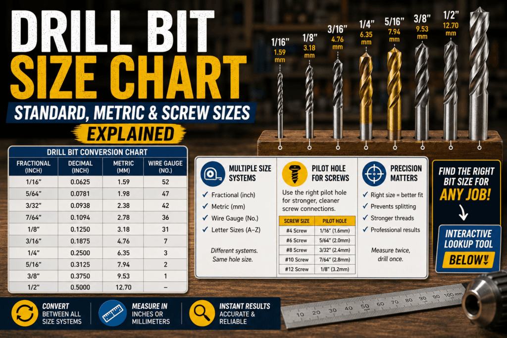 Drill Bit Size Chart
Metric and Screw Sizes