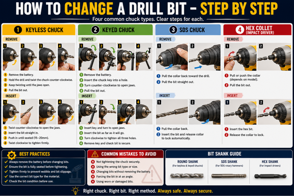 How to Change a Drill Bit — Complete Beginners Guide
4 methods to Change a Drill Bit